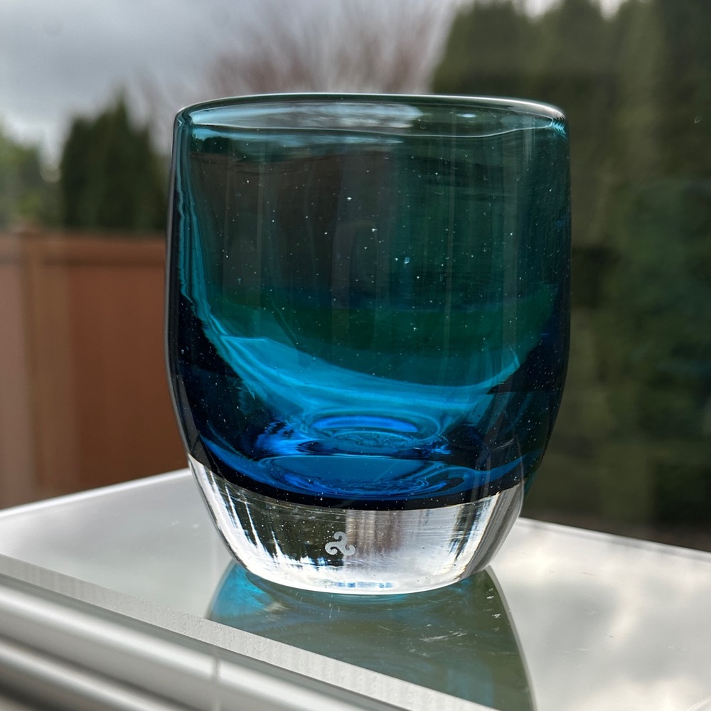 Glassybaby “Blue Eyes” transparent blue color Triskelion stamp 💙